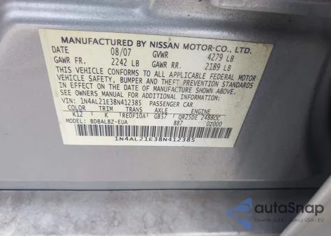 2008 Nissan Altima 2.5 S from USA, damaged, VIN 1N4AL21E38N412385